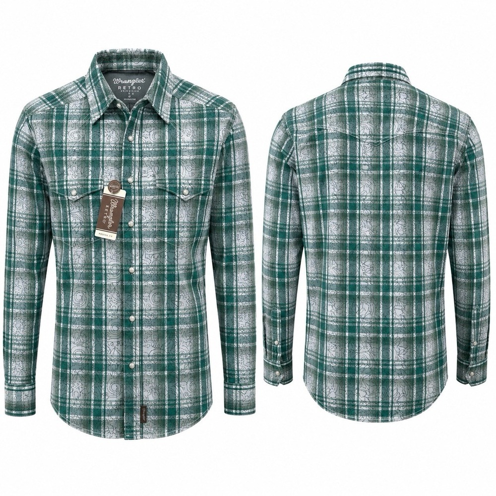 Wrangler Retro Premium Western Snap Shirt Green Plaid Paisley NWT Men’s S